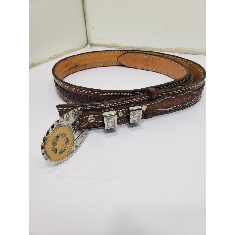 Brown Leather Western Style Gold Star Belt Buckle Handmade By B. Sierra Eastham